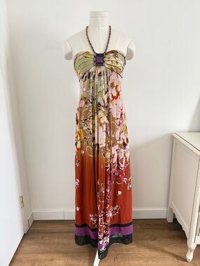 Adriana Papel 100% Silk Beaded Halter Maxi Dress Floral Resort Vacation Beach 8